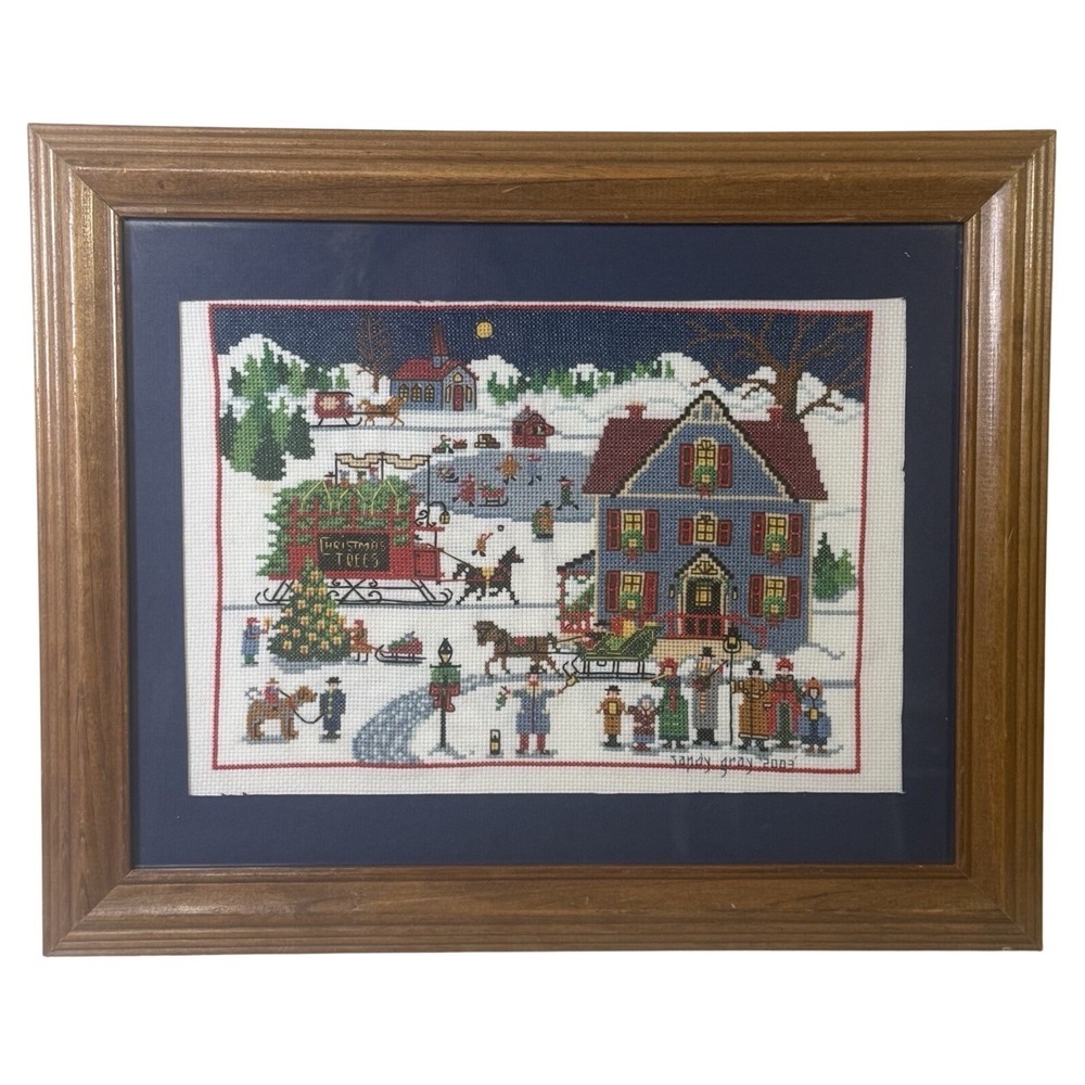 Vintage Needlepoint Framed Wall Art Handmade Christmas Decor Cottage Farmhouse
